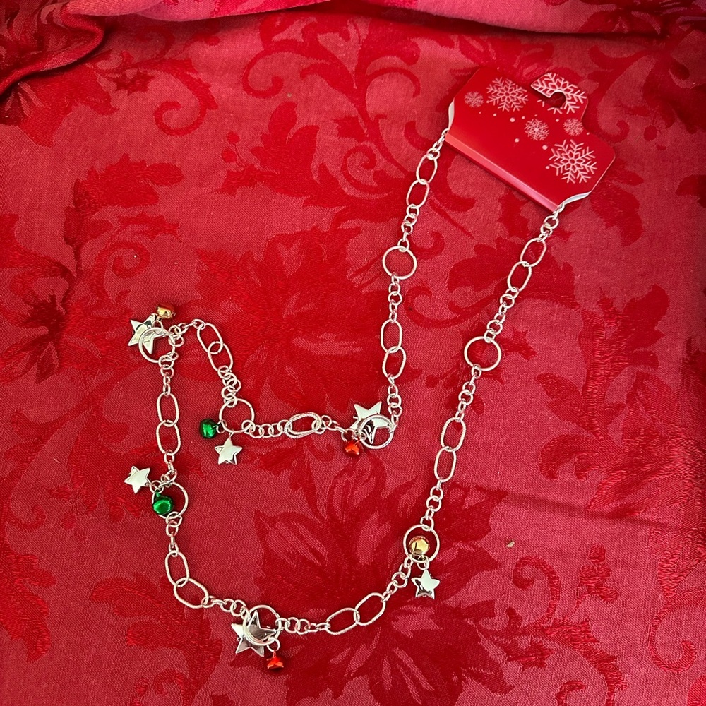 🌵 3/$15 Elegant Silver with Green Red and Golf Bell Charm Necklace